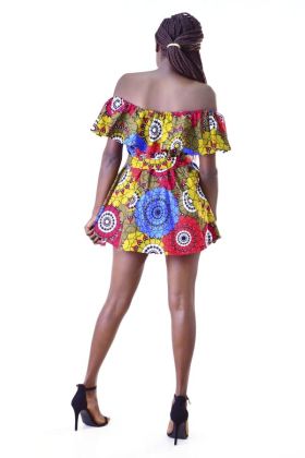 African Print Off the Shoulder Mini Dress With Waist Tie