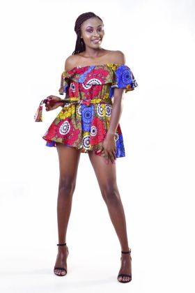 African Print Off the Shoulder Mini Dress With Waist Tie