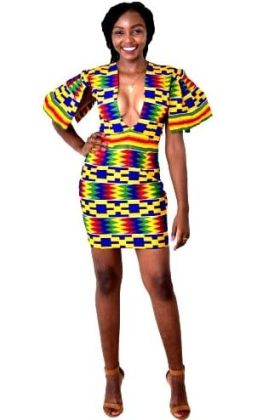 African Print Plunging Neckline Mini Dress With Capped Sleeves