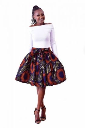 African Print Knee Length Circle Skirt With Waist Tie