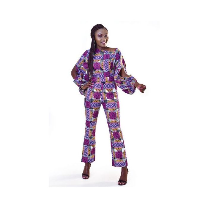 African Print Long Sleeve Jumpsuit With Sleeve Cutouts